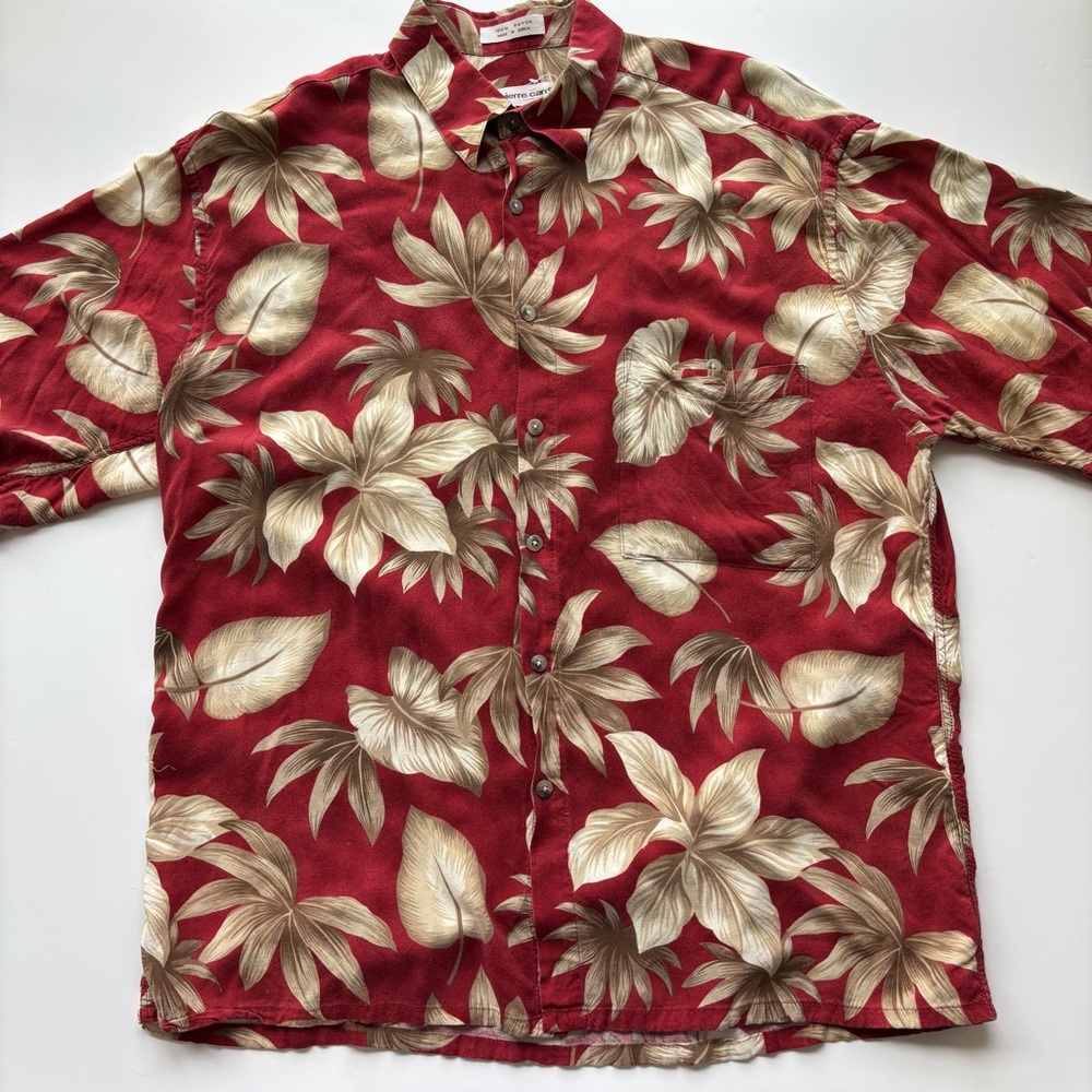 BN12 Vintage Pierre Cardin Red Cream Leaf Print Hawaiian Button Up‎ Shirt Large